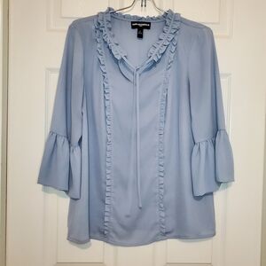 KARL LAGERFELD Ruffle Keyhole Neck Bell Sleeve, size Small, Blue